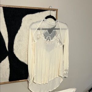 Free People Sheer White Lace Long Sleeve Top